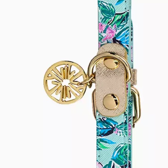 Lilly Pulitzer Dog Collar Seasalt Blue Barking Up The Palm Tree Print Gold Charm - Picture 2 of 3